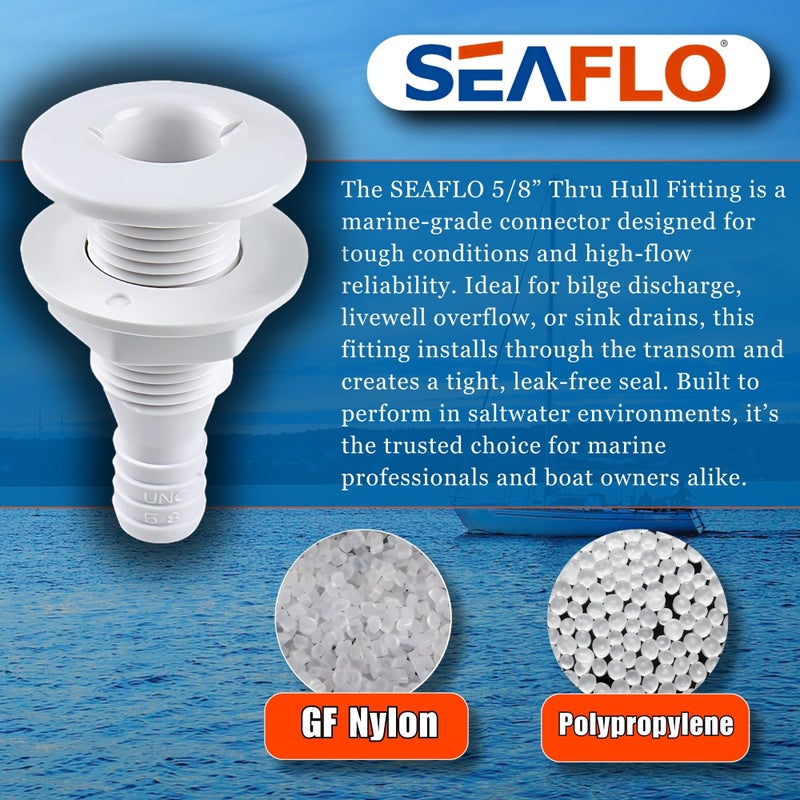 SEAFLO â…â€ Thru Hull Fitting Marine Boat, Polypropylene, Plastic Drain Overflow Connector, Corrosion Resistant Saltwater Safe, Transom Mount, Bilge Port Deck Outlet, 4-Year Warranty (White, 1-Pack) - Image 3